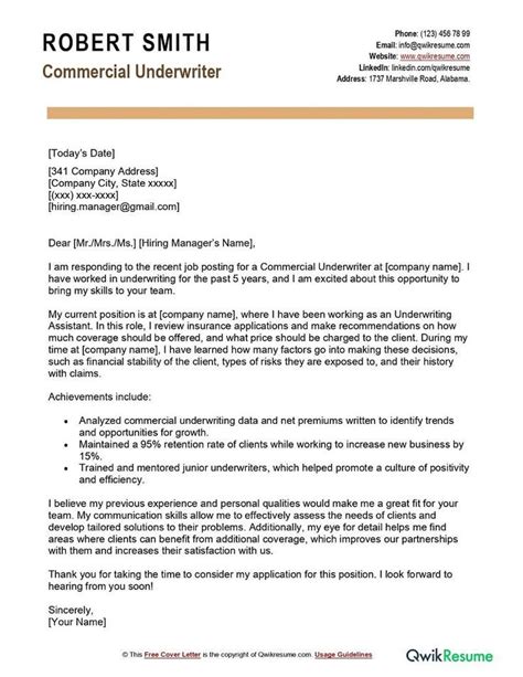 Commercial Underwriter Cover Letter Example Cover Letter Example Underwriting Cover Letter