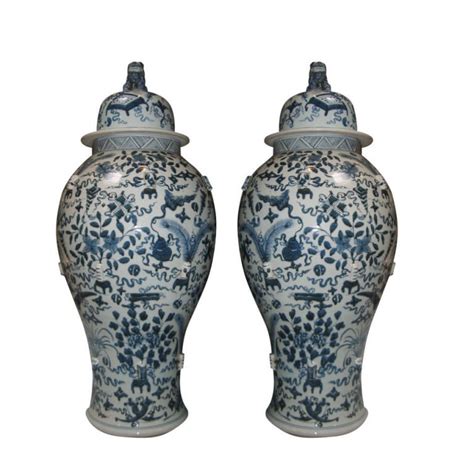 Pair Of Vintage Blue And White Chinese Temple Jars With Lids For Sale