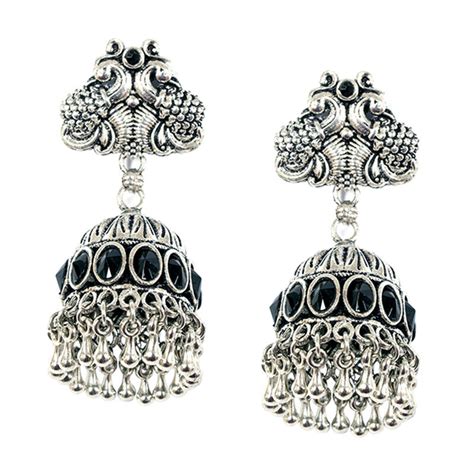 Ayesha Metallic Silver Antique Vintage Peacock Jhumka Earring Stud With