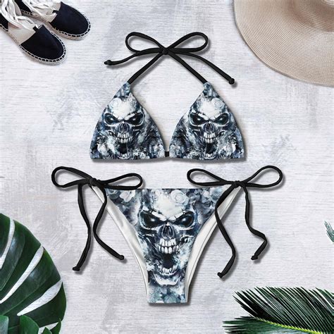 Grey Skull Smoke Gothic Micro Triangle Bikini Swimsuit Hg Designfullprint