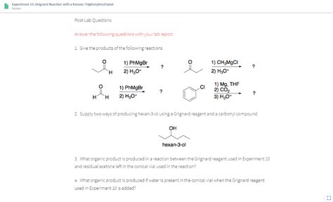 Solved Experiment 10 Grignard Reaction With A Ketone Chegg