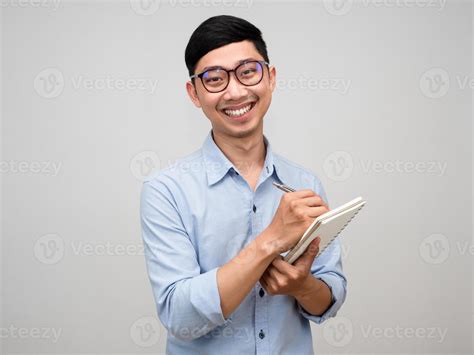 Positive Businessman Wear Glasses Hold Diary With Gentle Smile Gesture