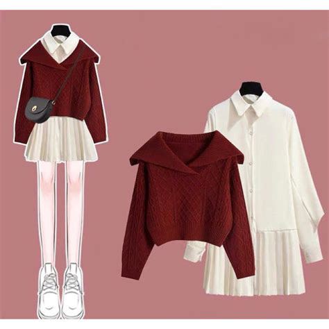 Hion Store Set đầm nude áo len đỏ Shopee Việt Nam