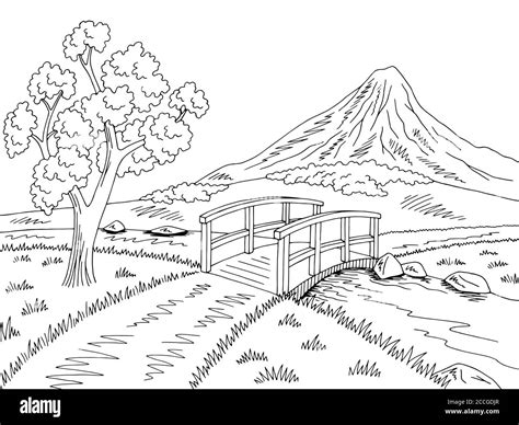 Puente Del Río De Montaña Gráfico Blanco Negro Paisaje Dibujo