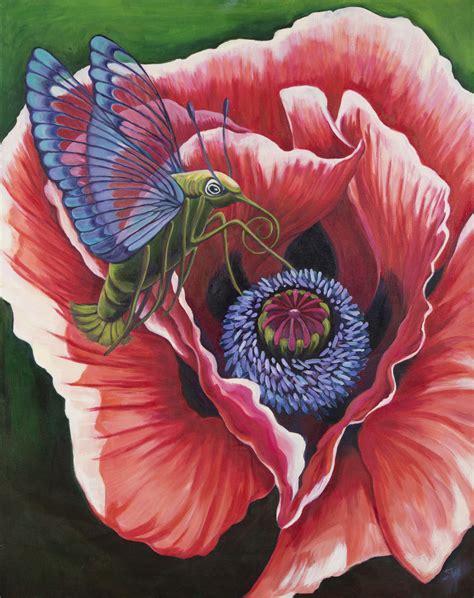 Hummingbird Moth and Orange Poppy Oil Painting 24" x 30" - SW Design Studio