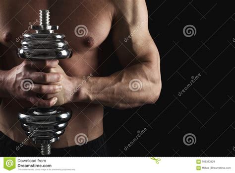 Strong Athletic Man With Dumbbell Showes Naked Muscular Body Stock Image Image Of Exercise