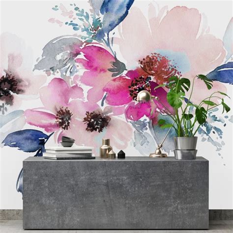 Removable Wallpaper Mural Peel And Stick Flowers Watercolor Blue Etsy