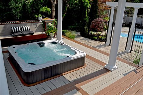 Hydropool Hot Tub Sunk Into Composite Deck With Stone Patio Hot Tub