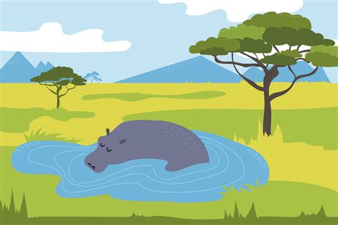 Hippo in the savannah. Hippo swimming in the lake. Wild animals of Africa. Cartoon vector ...