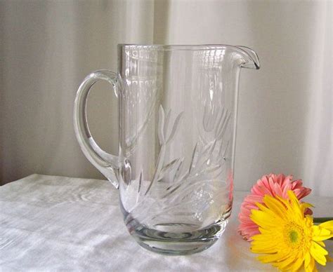 Vintage Glass Pitcher Etched Flowers Rounded Base Iced Tea Etsy Vintage Glass Pitchers