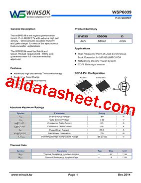 WSP6039 데이터시트 PDF Shenzhen Guan Hua Wei Ye Co Ltd