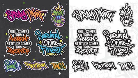 A set of colorful or vibrant graffiti art stickers. Street art theme, urban style for T-shirt ...