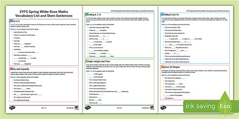 👉 Spring White Rose Maths Vocabulary List And Stem Sentences