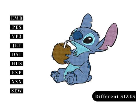 Stitch Drinking Coconut Embroidery Design Lilo And Stitch Character