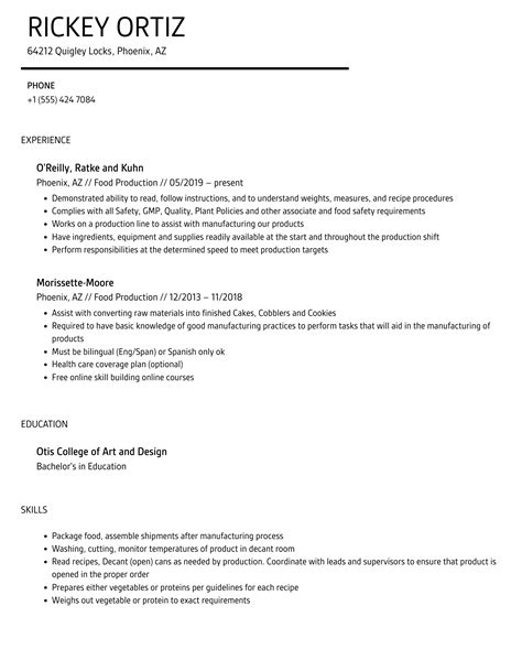 Food Production Resume Samples Velvet Jobs