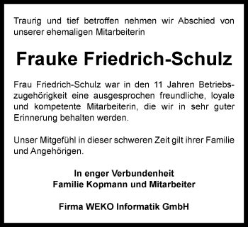 Traueranzeigen Von Frauke Friedrich Schulz Trauer In Thueringen De