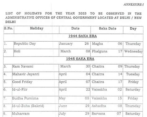 Gazetted Holiday List 2023 For Central Government Employees Printable