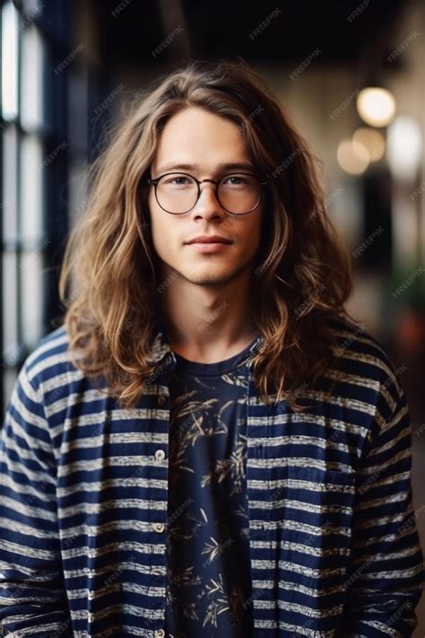 Premium Ai Image A Man With Long Hair And Glasses Stands In Front Of A Window