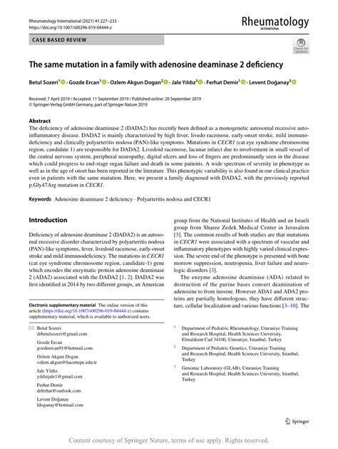 The same mutation in a family with adenosine deaminase 2 deficiency ... 
