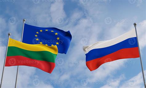 Lithuania European Union and Russia flags. Blue sky flag Lithuania flag ...