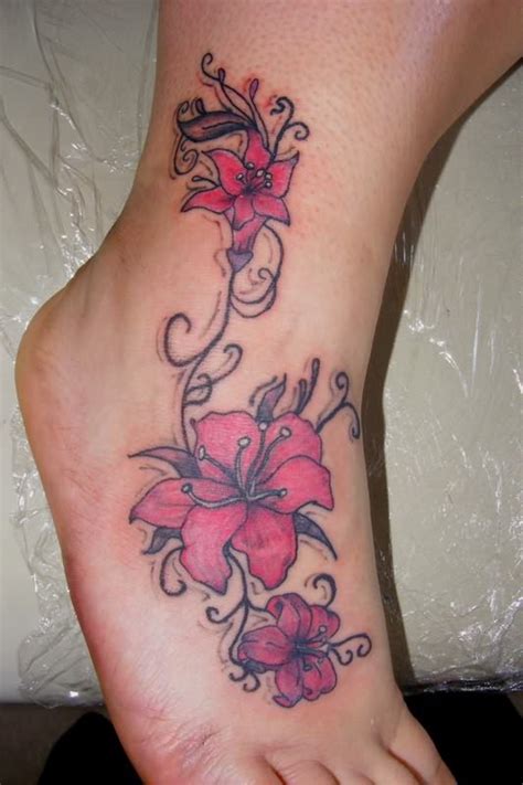 Cute Pink Stargazer Lily Tattoo Design on Foot for Girls