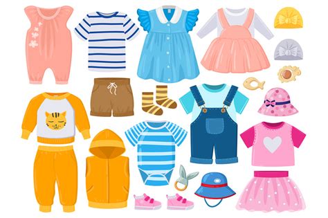 Cartoon baby kids girl and boy clothes, hats, shoes. Childrens fashion ...