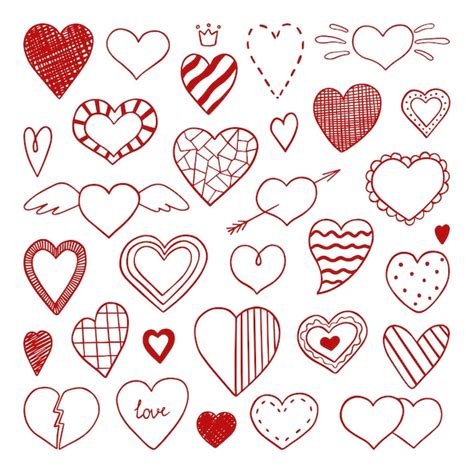 Conjunto De Doodle De Corazones Rojos Dibujados A Mano Vector Premium