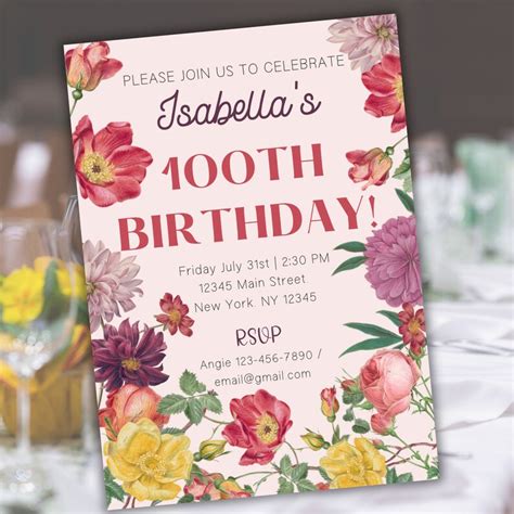 100th Birthday Party Invitation Template With Pink Flowers 100 Birthday