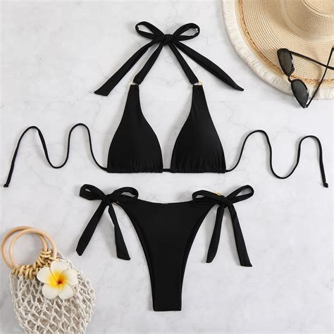 Generic 2025 New Bikini Solid Color Bikini Neck Lace Up Bikini Swimsuit For Women Walmart