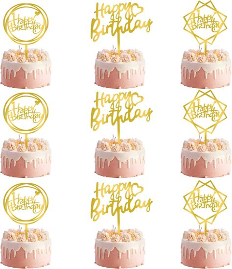 9 Pack Happy Birthday Cake Toppers Gold Cake Topper Cake