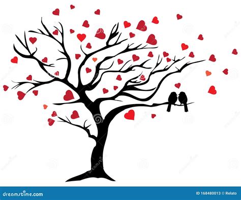 Vector Love Tree With Love Birds And Red Hearts Stock Vector