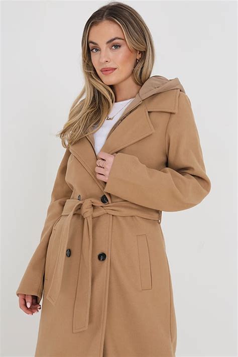 Camel Filippa Faux Wool Maxi Hooded Trench Coat