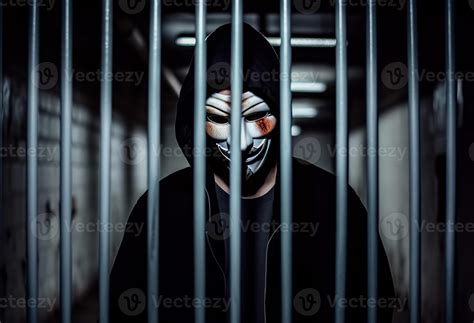 Anonymous hacker behind bars. Arrested in jail. Penalty due to