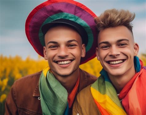 Um lindo casal gay feliz cores do arco íris em um campo de flores papel de parede do mês do