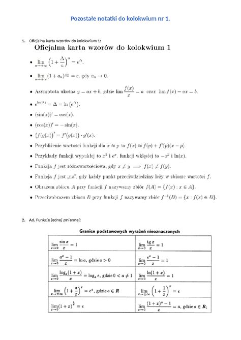 Matematyka Kolokwium Nr Pozosta E Notatki Do Kolokwium Nr