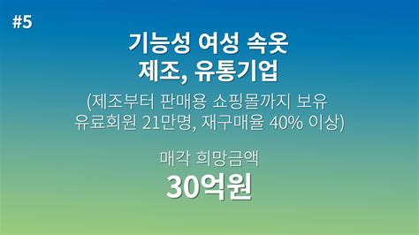 누적 매출 360억 원2016~ 회원 수 20만명 이상 여성 속옷 브랜드 및 쇼핑몰 매각 매각기업 자산