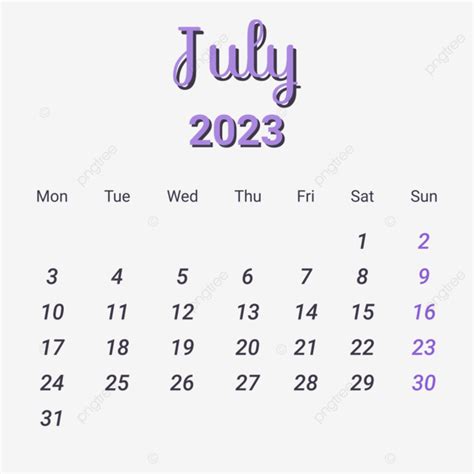 July Calendar Vector Png Images July Calendar With Purple Theme