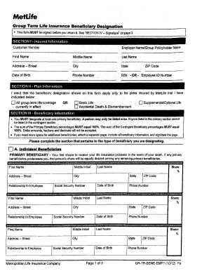 Fillable Online Metlife Group Term Life Insurance Beneficiary