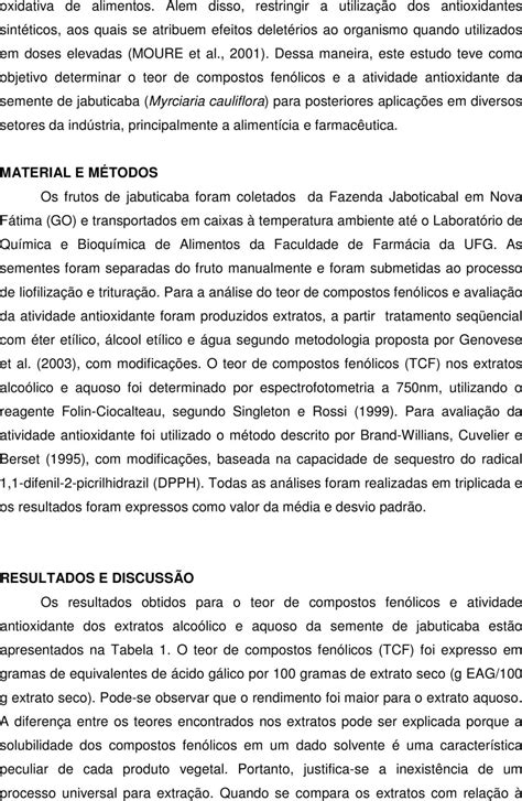 TEOR DE COMPOSTOS FENÓLICOS E ATIVIDADE ANTIOXIDANTE DA SEMENTE DE