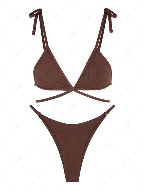 50 RABATT 2024 ZAFUL Gerippter Gebundener Schulter Gurt Schnur Bikini Badebekleidung In Dark