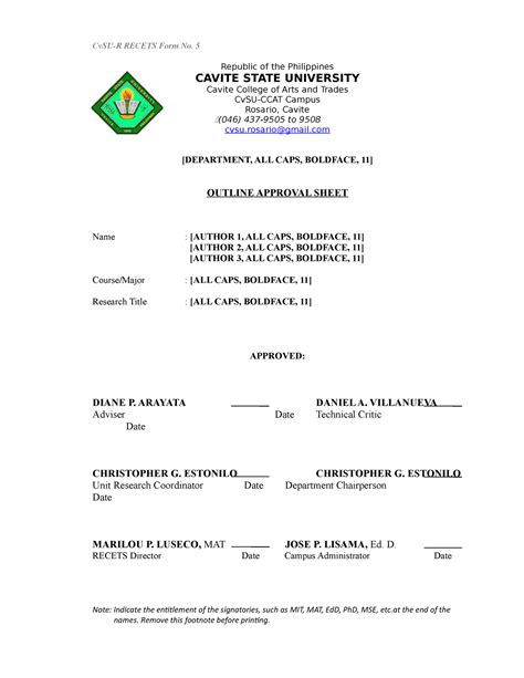 Research Outline Form Cvsu R Recets Form No 5 Republic Of The