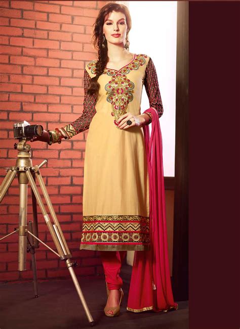 Cream And Red Resham Work Churidar Suit