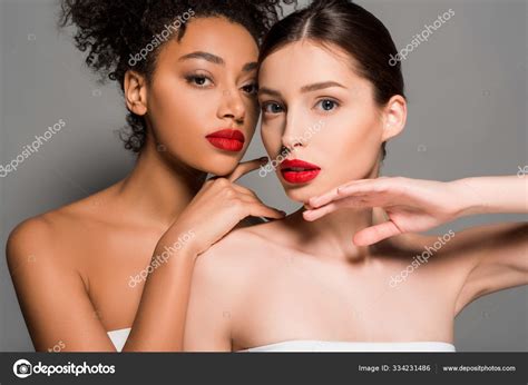 Beautiful Nude Multiracial Girls Red Lips Isolated Grey Stock Photo IgorVetushko