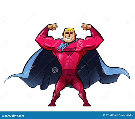 Super Strong Hero In Red Suit And A Power Gesture Stock Illustration