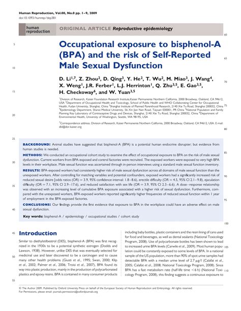 Pdf Occupational Exposure To Bisphenol A Bpa And The Risk Of Self Reported Male Sexual