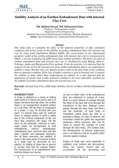 (PDF) Stability Analysis of an Earthen Embankment Dam with Internal Clay Core