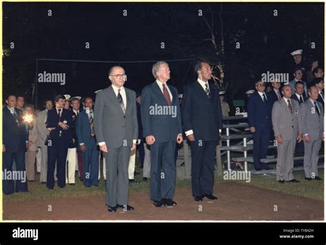 Menachem Begin Jimmy Carter And Anwar Sadat Attend A Military