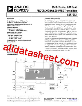 ADF7012BRUZ RL Datasheet PDF Analog Devices