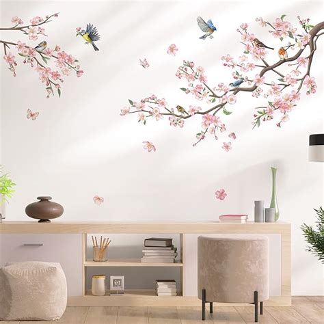 Decalmile Flower Branch Wall Stickers Pink Blossom Floral Birds Wall