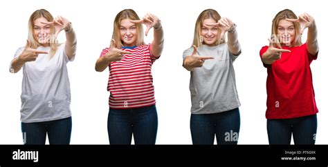 Collage Der Junge H Bsche Blonde Frau Tr Gt Ein T Shirt Mit Wei Em Hintergrund Isoliert L Chelnd